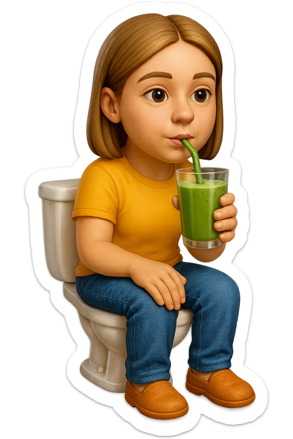 emoji stile iphone di una donna seduta sul wc che beve uno smoothies verde, iperrealistico 4k sticker