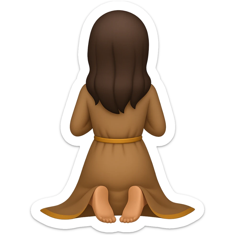 Show the woman kneeling and praying from the back view, wearing a long tan dress, with dark brown hair, in emoji style, no background. sticker