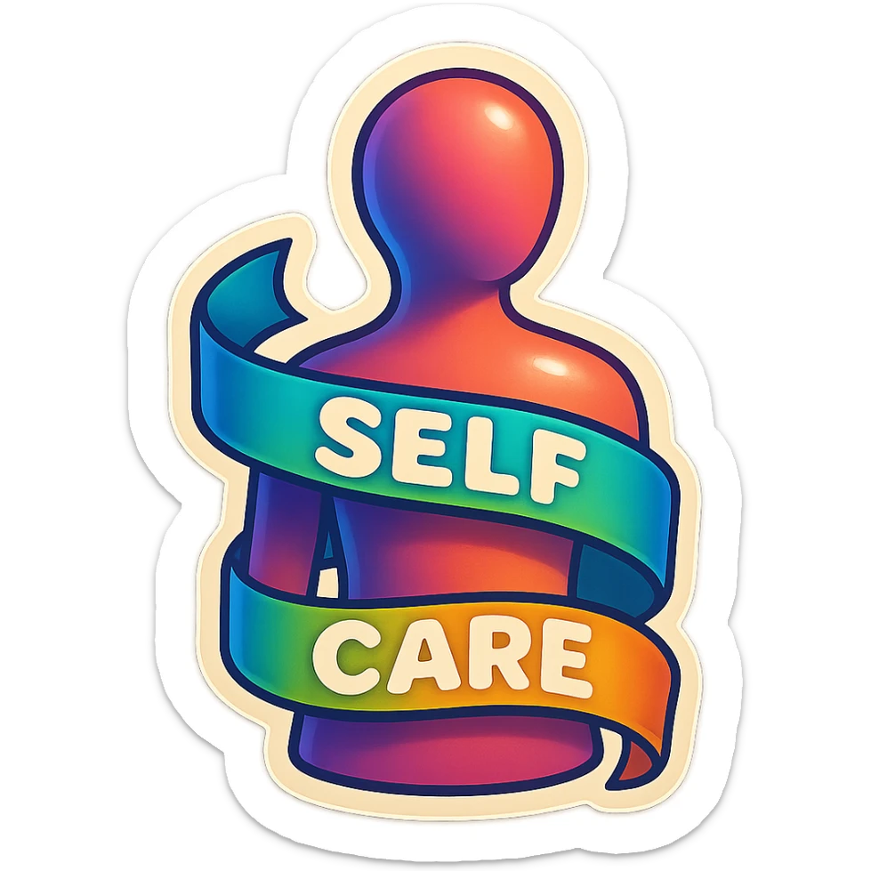 ribbon wrapping a human silhouette, symbol of self-care, retro sticker style, clear contours, shadows and highlights, psychosomatics theme sticker