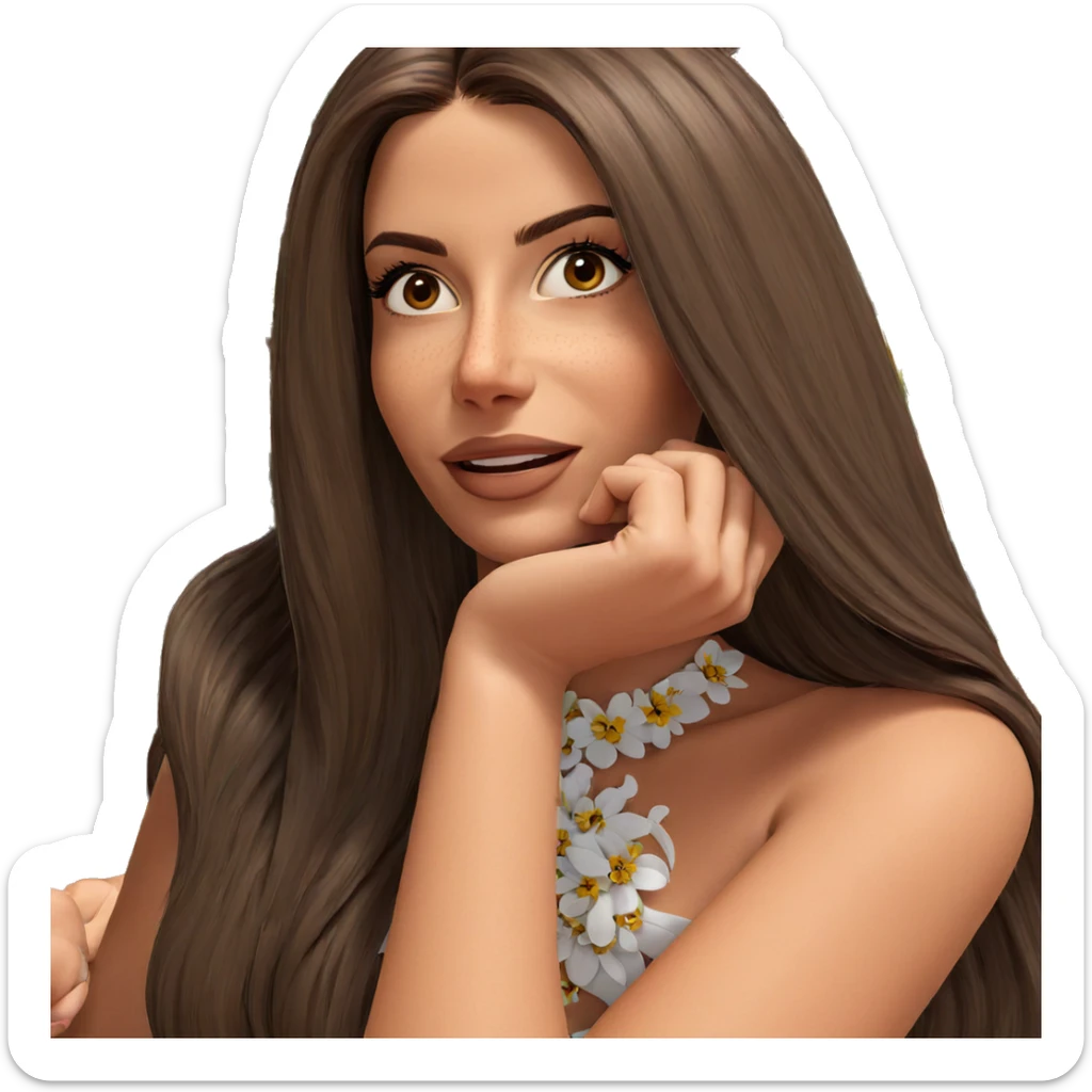 brown haired girl with flower sticker