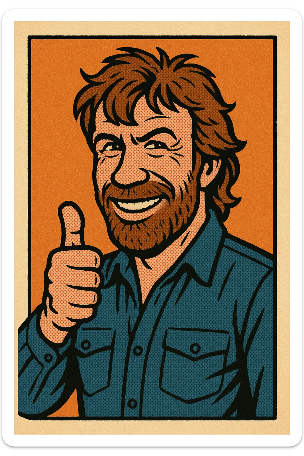 caricature of Chuck Norris, thumbs up gesture, wild hair, confident grin, cartoonish and lively sticker