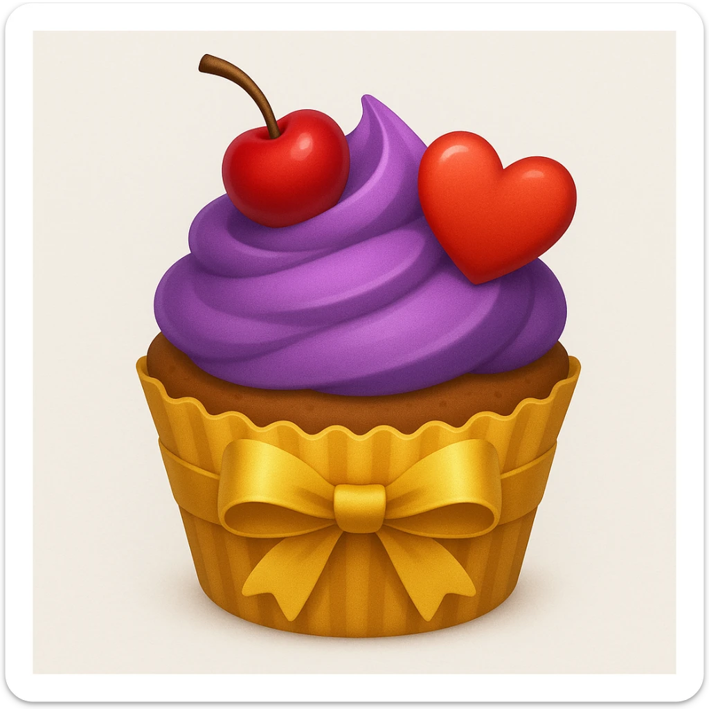 Add a gold ribbon and a heart-shaped candy to the cupcake with purple frosting and a cherry on top in emoji style. sticker