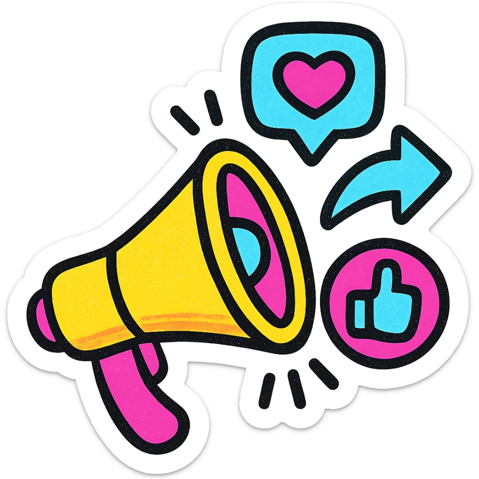 megaphone with social media icons like like, share, comment coming out of it, vibrant colorful style sticker