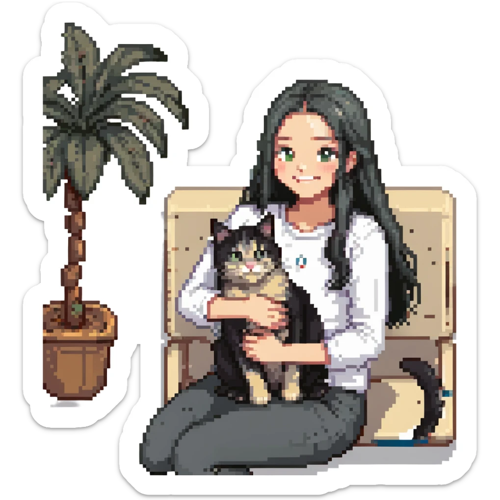 beautiful girl with long black hair smiling petting a gray and blonde mixed cat on her lap, pixel art style sticker