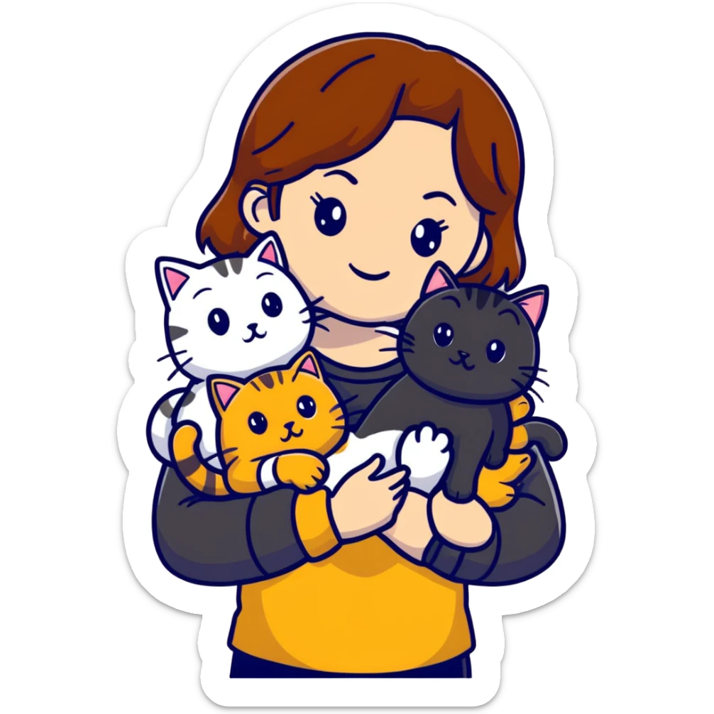 tan brown-haired girl holding two cats, one black cat and one grey-striped cat sticker