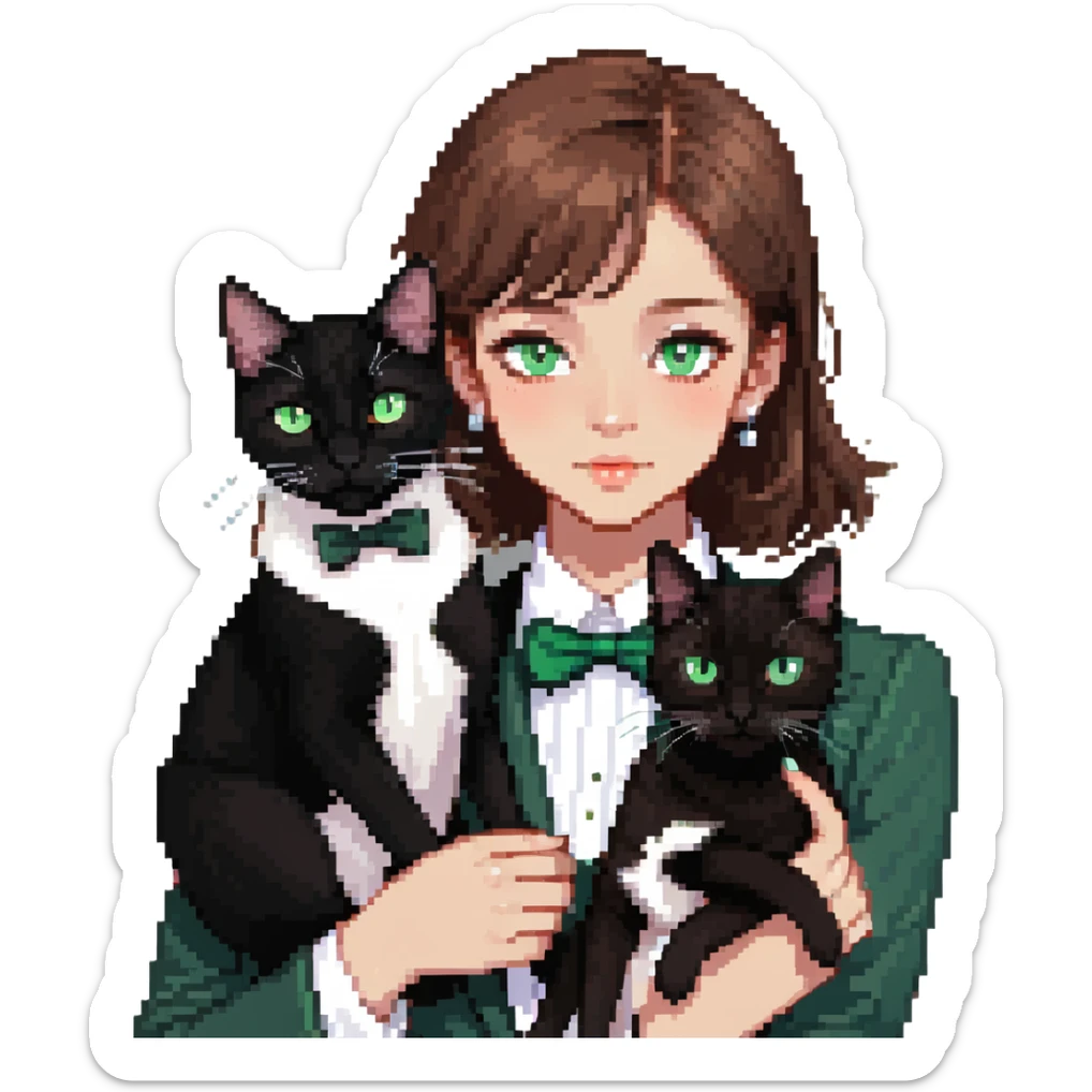 brown haired girl with light tan skin and brown eyes holding a black Bombay cat with green eyes and a black and white Tuxedo cat with hazel eyes sticker