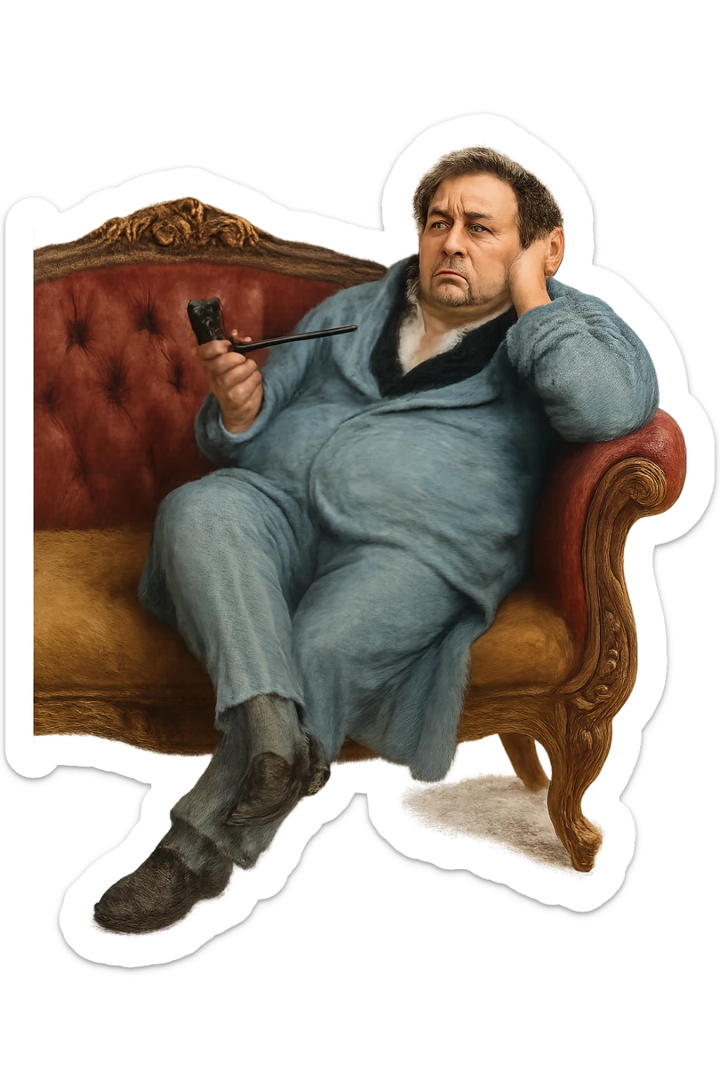 Герой Обломова в слегка рисованном, но при этом реалистичном и объемный стиле, со слегка растерянным видом развалился на дорогой кушетке 19 века, прозрачный фон sticker