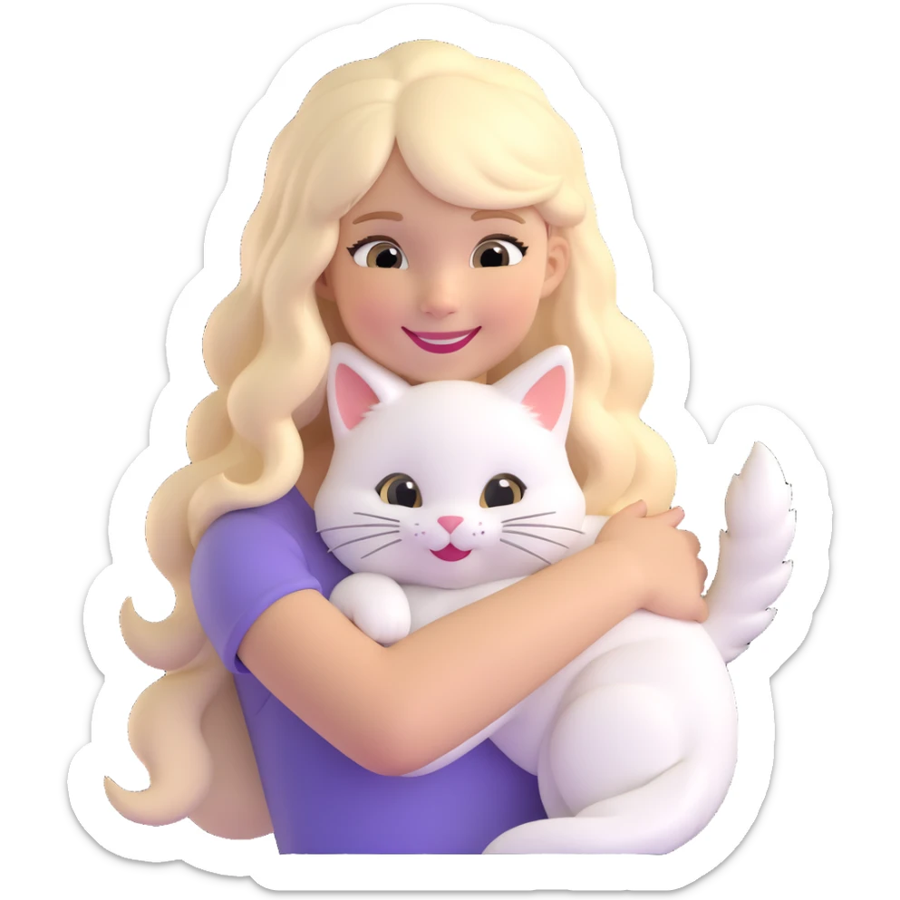 smiling girl with long blonde hair, white fluffy cat curled around her neck and left shoulder, emoji for messaging apps sticker