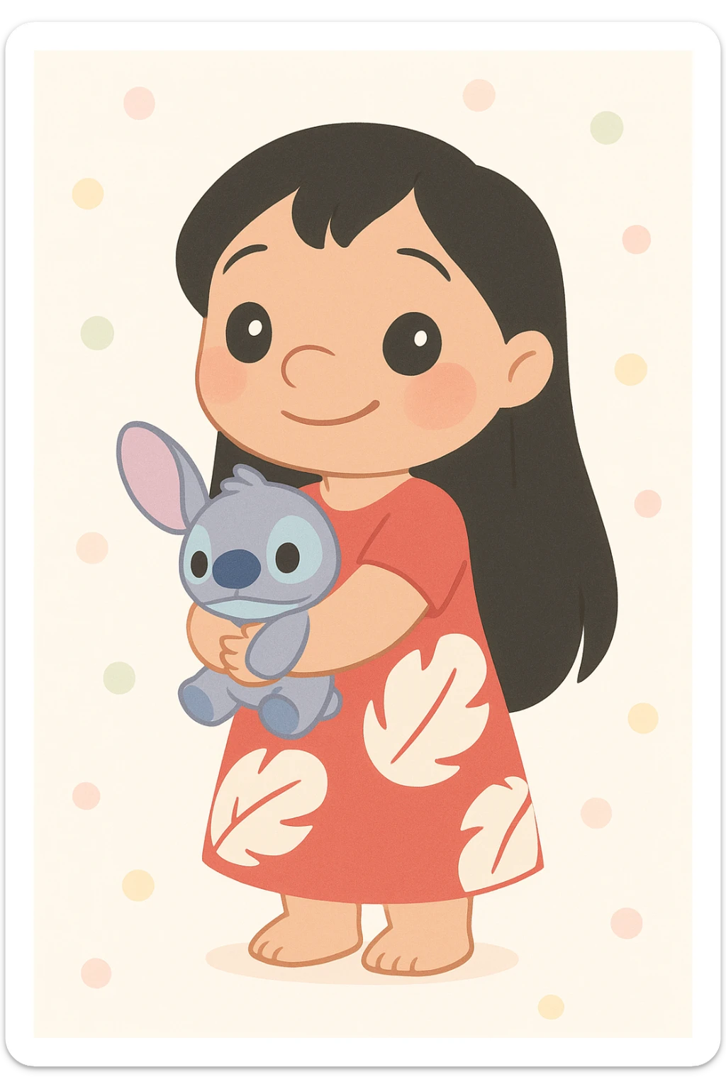 Lilo from Lilo & Stitch as a cute cartoon character, full body, smiling, wearing her red dress with white leaf pattern, holding a plush toy, friendly and colorful style sticker