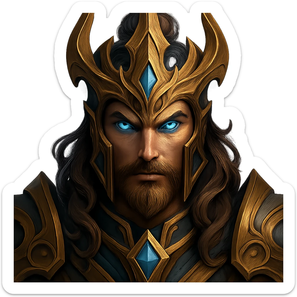 League of Legends hero face, ornate details, glowing eyes, fantasy game art, headshot sticker