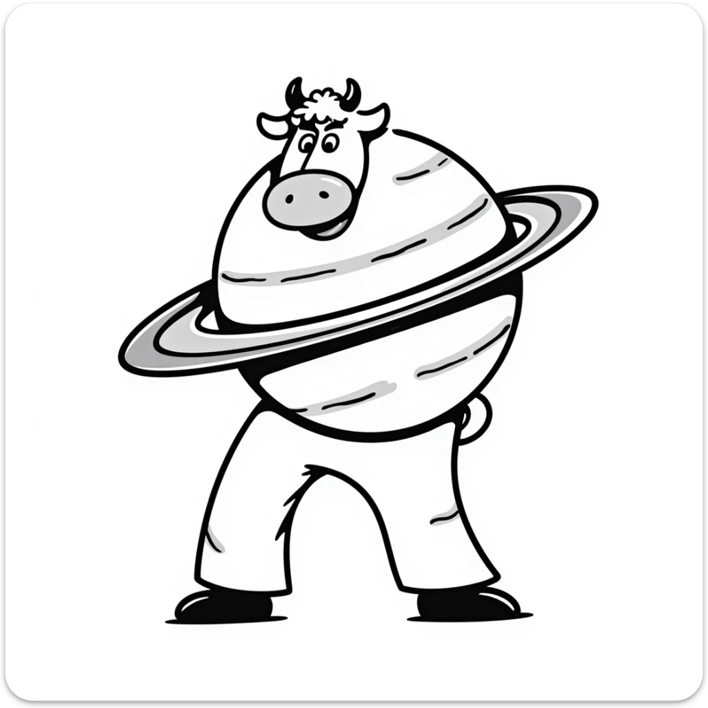 a cow with the body of the planet Saturn with visible rings and gigantic human feet, illustrative style sticker