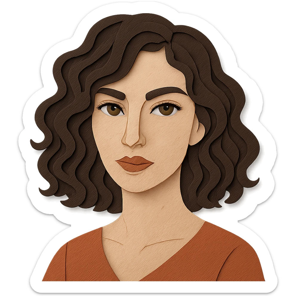 paper craft style portrait of a woman with wavy dark brown hair and green eyes sticker