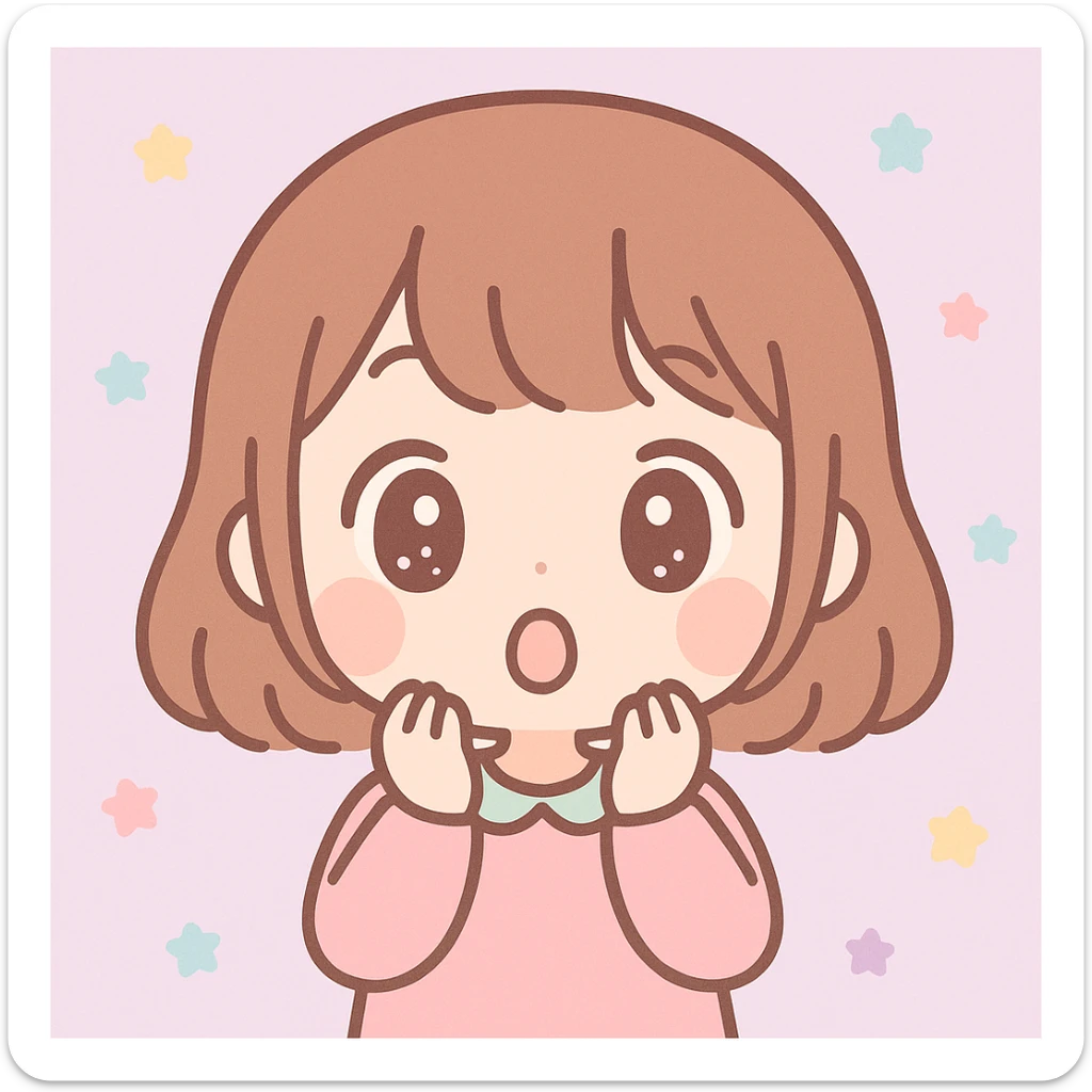 kawaii anime girl with brown hair, surprised expression, pastel colors sticker