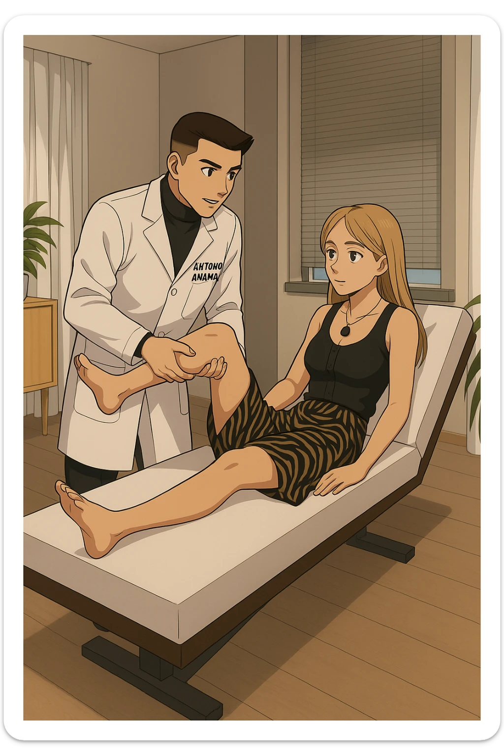 fai un webtoon/manga a colori con questo kinesiologo in camice bianco (fagli la scritta "ANTONIO ANANIA" SUL CAMICE) CHE SVOLGE UN TEST NEUROMUSCOLARE SOLLEVANDO UNA GAMBA ALLA RAGAZZA CHE è STESA SU UN LETTINO BIANCO. STANZA SEMPLICE E MODERNA, DURANTE IL TEST I DUE DIALOGANO TRA LORO. NON FARE I FUMETTI, FAI SOLO LORO COME SE DIALOGASSERO sticker