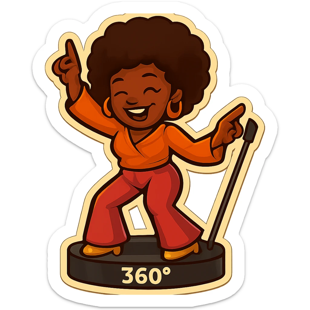 Place the disco emoji of a female African American on a 360 photo booth platform, as if she is dancing on it. Keep the style fun and retro, matching the original disco emoji style. sticker