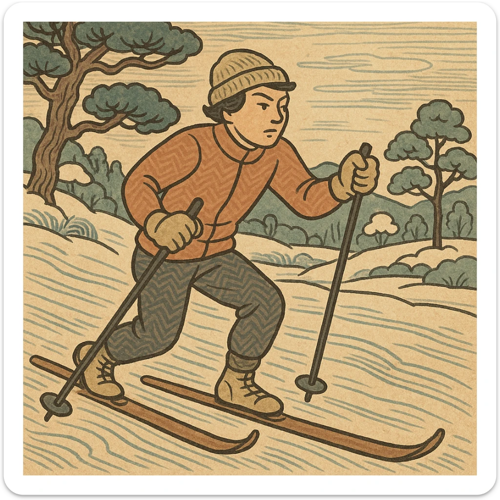 ukiyo-e style icon of a cross-country skier, serene winter scene, expressive lines, Japanese art influence sticker