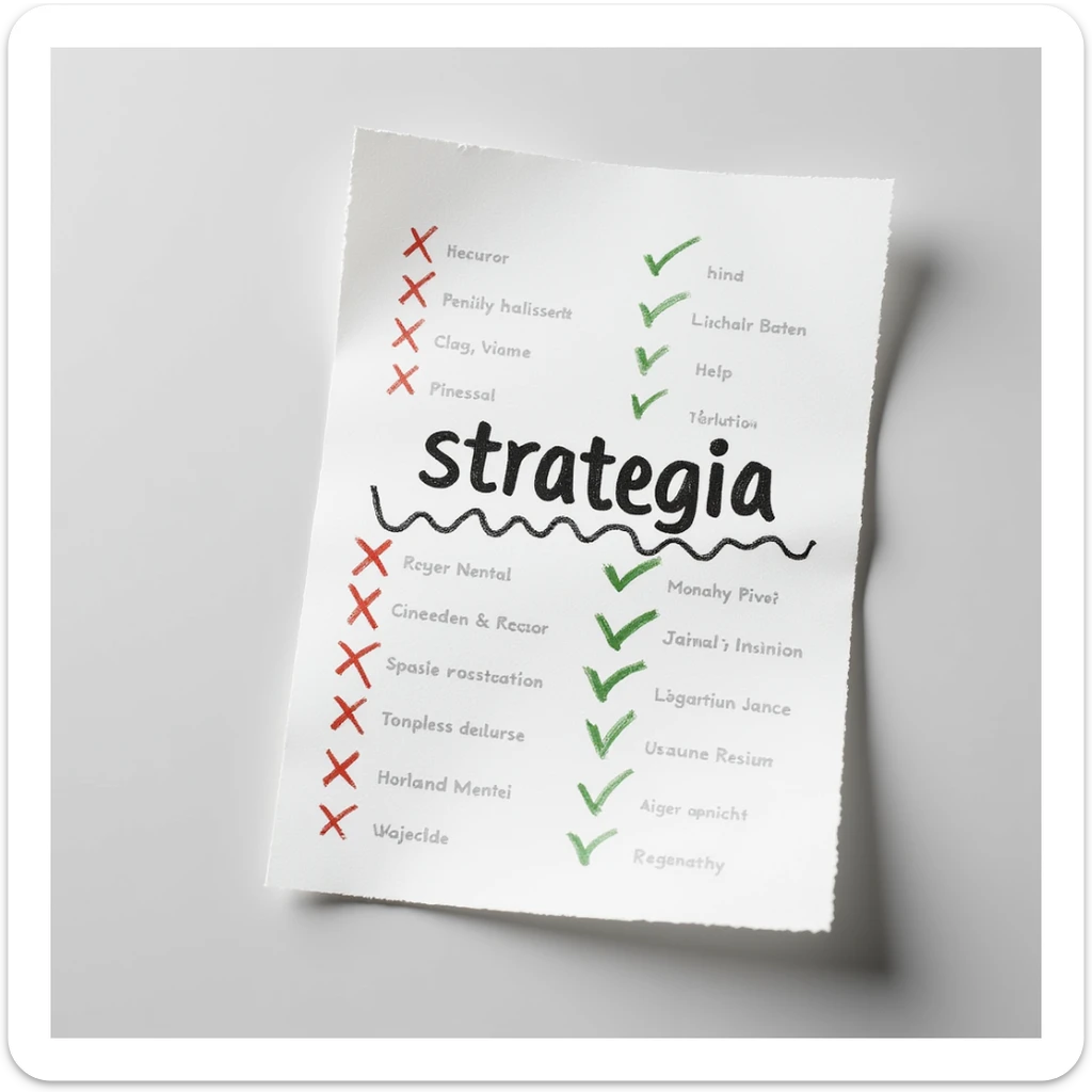 realistic 4K sheet of paper with the word 'strategia', a wavy line crossing the sheet with stages marked by red crosses and green check marks, hyperrealistic style sticker