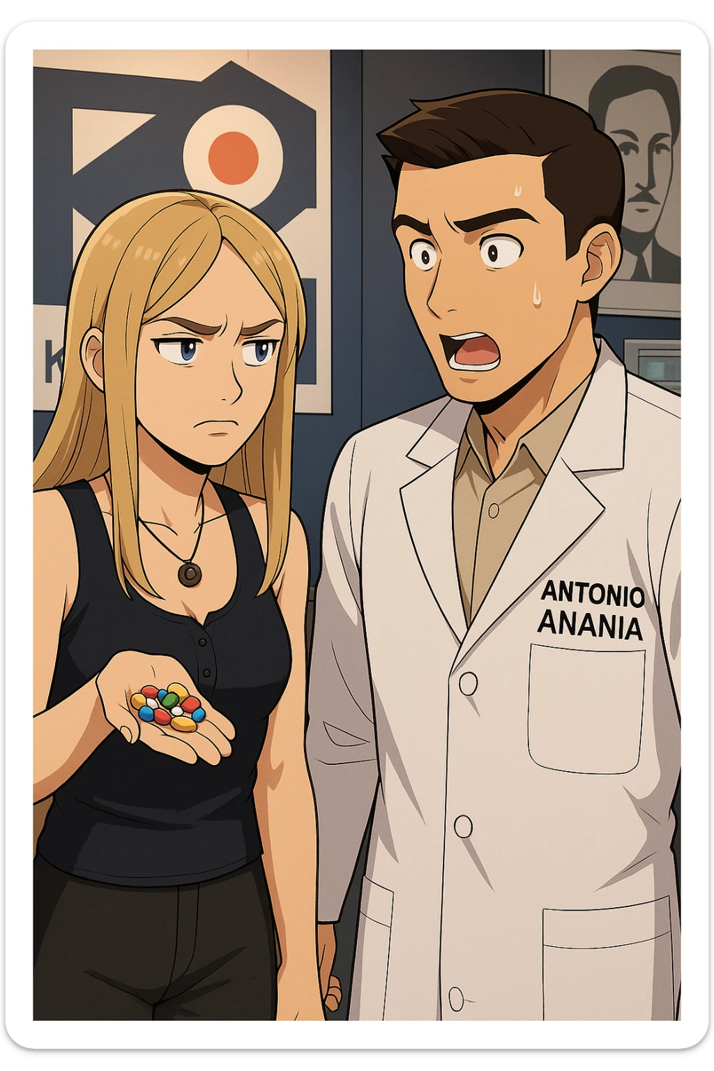 fai un webtoon/manga a colori con questo kinesiologo in camice bianco (fagli la scritta "ANTONIO ANANIA" SUL CAMICE) CHE PARLA CON QUESTA RAGAZZA CON GLI OCCHI AZZURRI. LA RAGAZZA HA UN PUGNO DI INTEGRATORI IN MANO (TANTE PILLOLE DIVERSE) E LE GUARDA DUBBIOSA. IL KINESIOLOGO CON IL CAMICE BIANCO LE DOMANDA UNA COSA SCIOCCATO. NON FARE I FUMETTI, FAI SOLO LORO COME SE DIALOGASSERO sticker