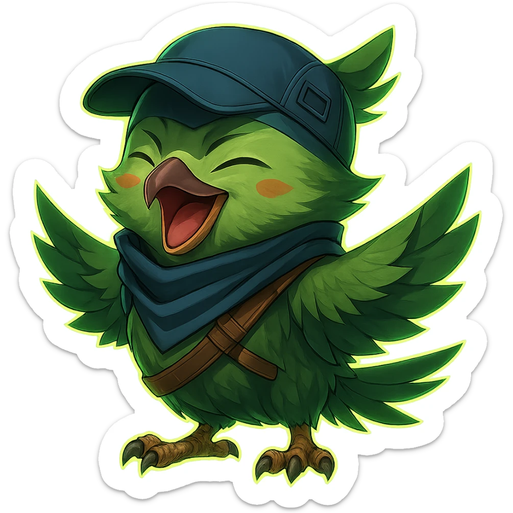 Add a glowing aura to the detailed anime style green bird inspired by Valorant agent Falko, happy expression, with no background. Preserve the detailed anime style and the green bird's characteristics. sticker