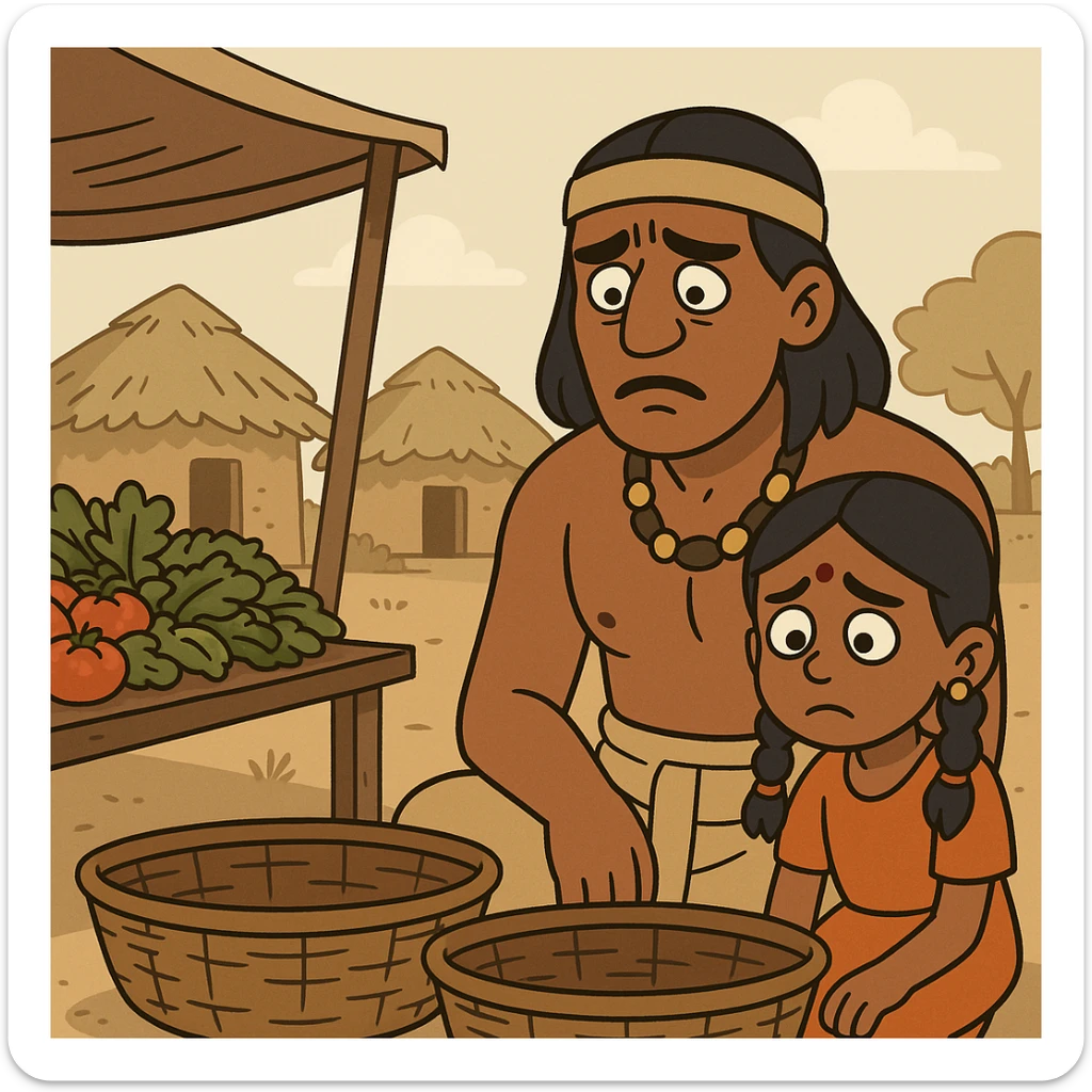 cartoon scene of a tribal Indian father and daughter at a market, unable to afford vegetables due to high prices, empty baskets, sad expressions, village huts in the background sticker