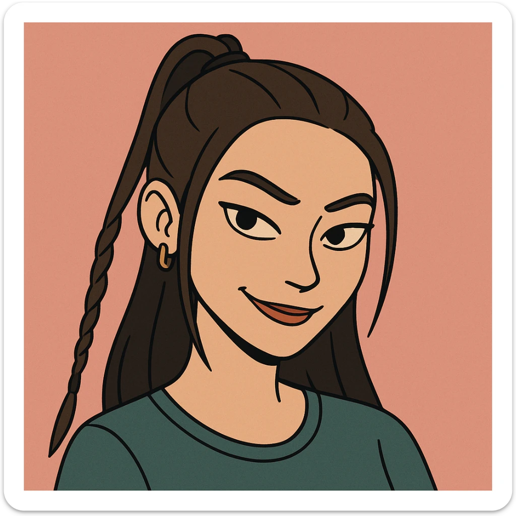 Create a cartoon style face that very closely matches the girl's facial features, hairstyle, and confident, slightly mischievous expression from the reference image. Focus on accuracy and capturing her unique look, in a cute but slightly mysterious cartoon style. sticker