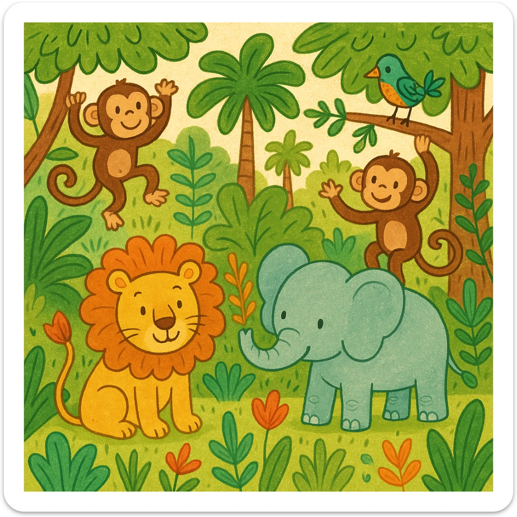 hand drawn digital illustration of jungle safari in the style of children's illustration sticker