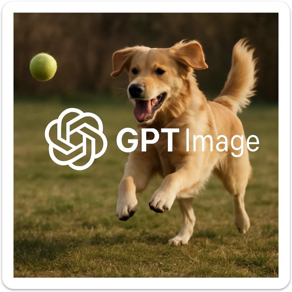  logo of chat gpt with text "GPT Image" on the background of a dog chasing ball, realistic image sticker