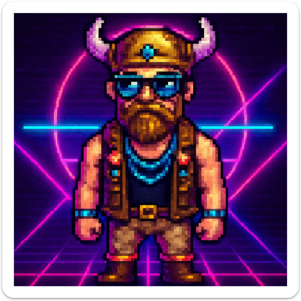Add a neon background to the Techno Viking with sunglasses in pixel art style. Keep the pixel art style look and feel. sticker
