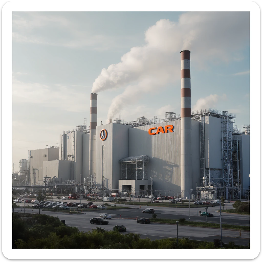 Realistic car factory exterior, large industrial building with smokestacks, parking lots filled with cars, factory grounds with machinery and equipment, realistic lighting and shadows, industrial atmosphere, workers in uniforms walking around, company logo on the building sticker
