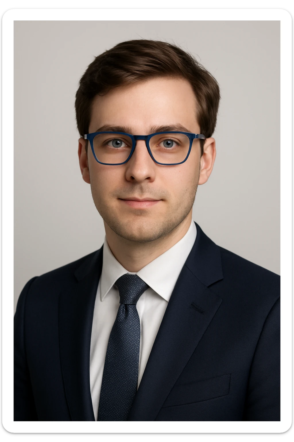 professional portrait of a young white male with brown hair, blue glasses, business attire, conveying a trustworthy and respectable vibe sticker