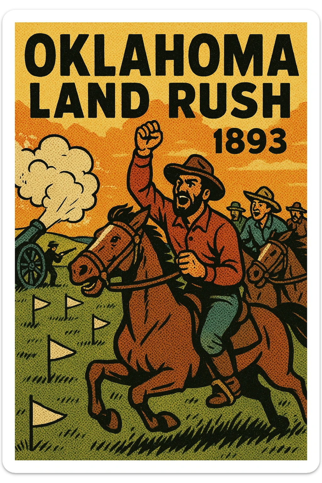 A poster advertising the 1893 Oklahoma Land Rush with an image of excited American settlers on horse back waiting at a start line on the grasslands of the American West.  There is an US Army canon booming in the background and white flags stuck in the ground marking out plots of land sticker