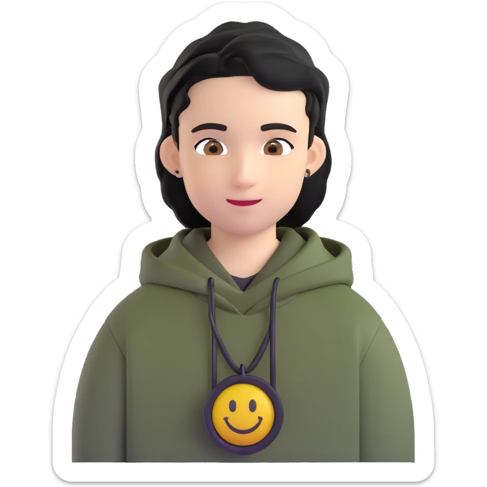 boy with military cut black hair, brown eyes, wearing 2 circle earrings and a black hoodie with a smiley face sticker