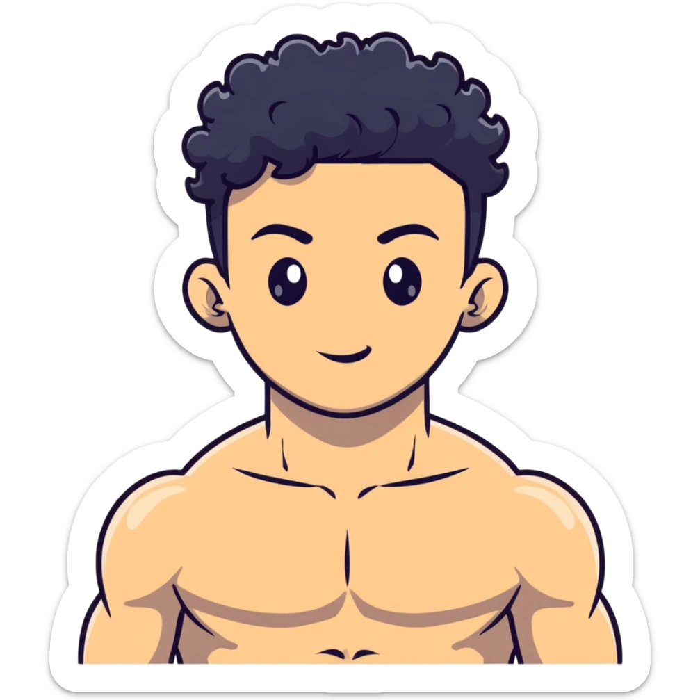 shirtless male athlete with white skin and moderately curly black hair on top with shaved sides sticker