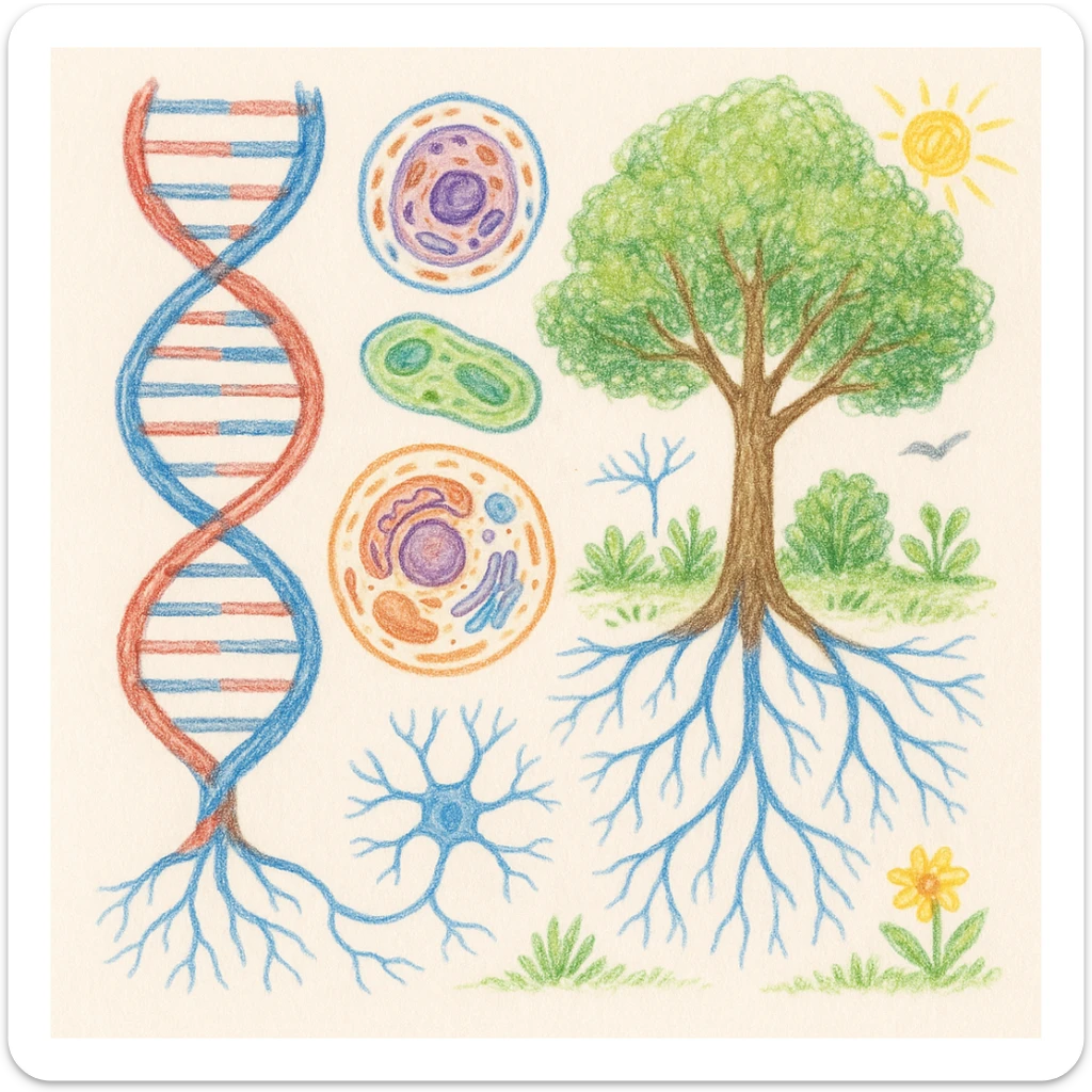 A realistic biological illustration (like in a school book) showing: DNA strands transitioning into a tree, cells with visible organelles, neurons connected to plant roots  and a balanced ecosystem background . Seamless integration, no labels or borders, white background, detailed but minimalist.  sticker
