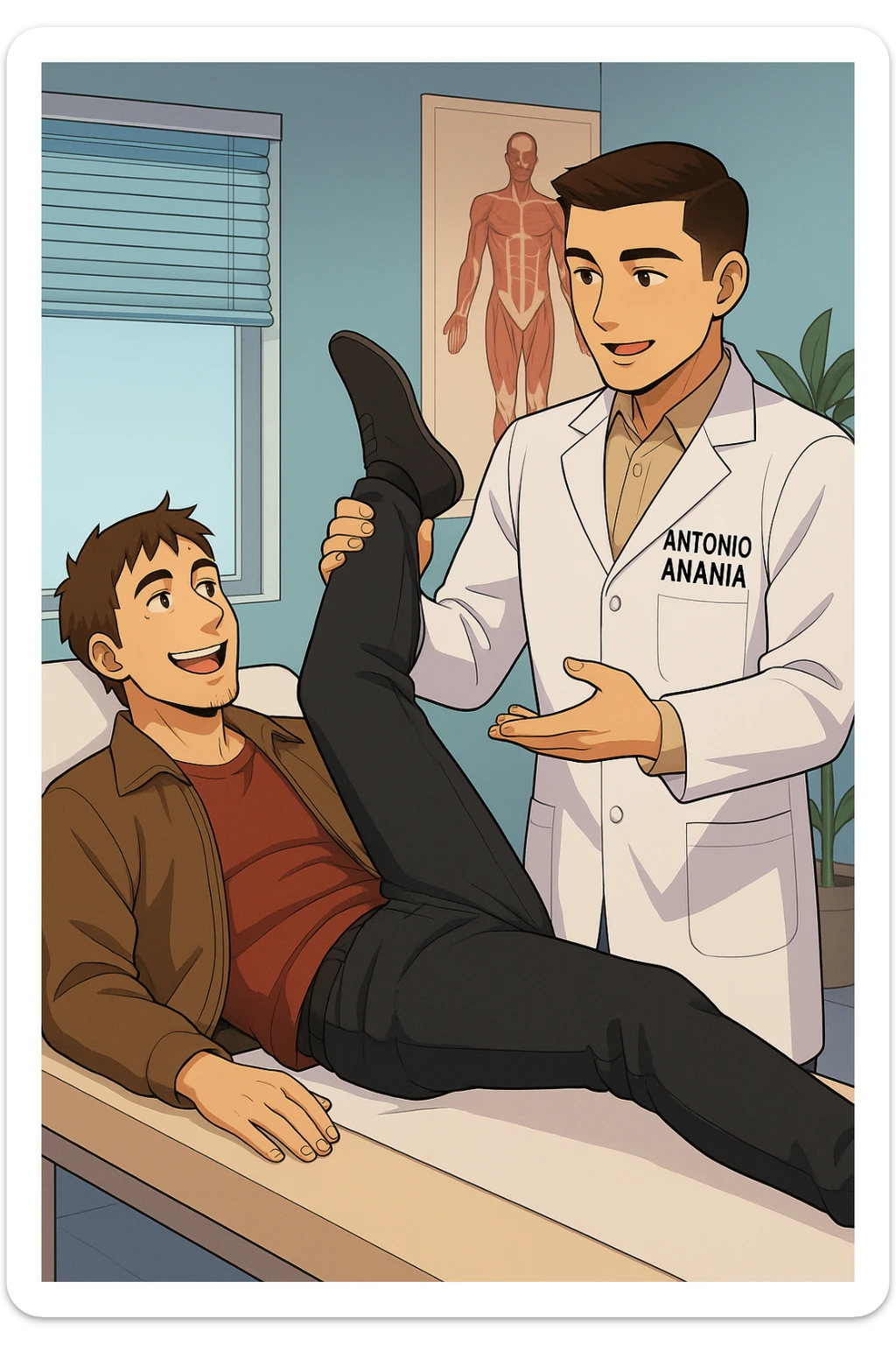 fai un webtoon manga a colori con questo stile, in cui un uomo è steso sul lettino medico e il kinesiologo con il camice bianco (fagli anche la scritta "ANTONIO ANANIA" SUL CAMICE, gli solleva una gamba per fargli il test neuromuscolare, IL KINESIOLOGO SPIEGA ALL'UOMO UNA cosa mentre gli alza la gamba. l'espressione dell'uomo è felice e soddisfatta, non fare i fumetti però, fai solo in modo che sembri stiano parlando, il lettino fai in modo che si veda tutto intero sticker