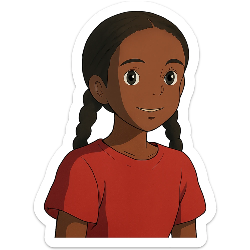 ghibli style dark skin girl with braids and red shirt sticker