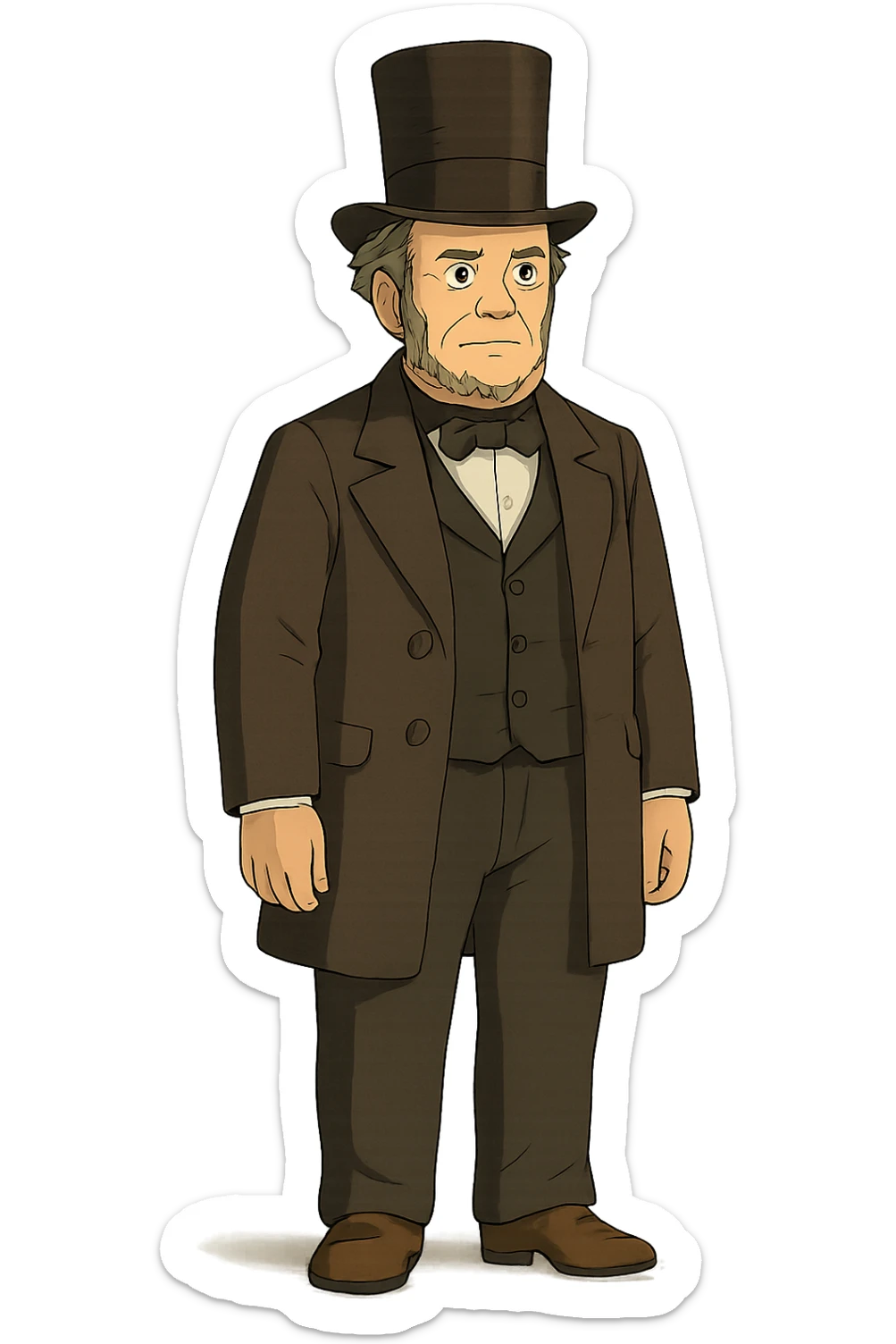 The full body of a US government politician or president from the 1850s wearing a top hat sticker