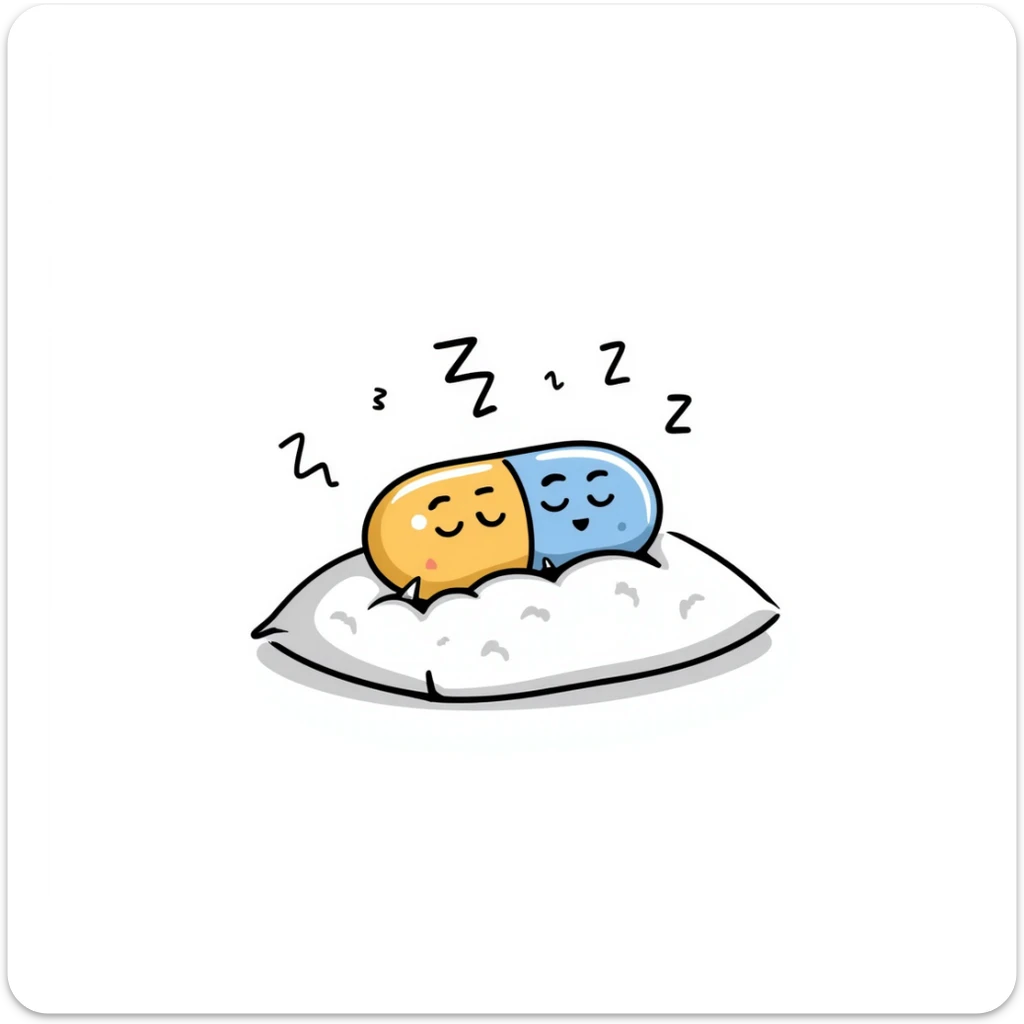 Cute sleeping pill with closed eyes and zzz sleep symbols, colorful sedative medicine capsule on a pillow, hand drawn sleep aid icon with gentle relaxing colors, sleep medicine concept sticker