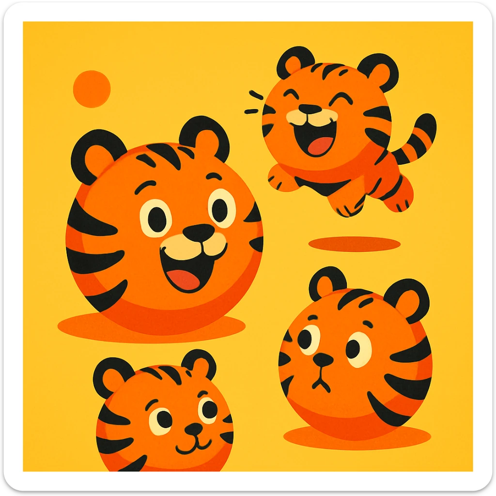 playful illustration of tiger balls, orange with black stripes, cartoon style sticker