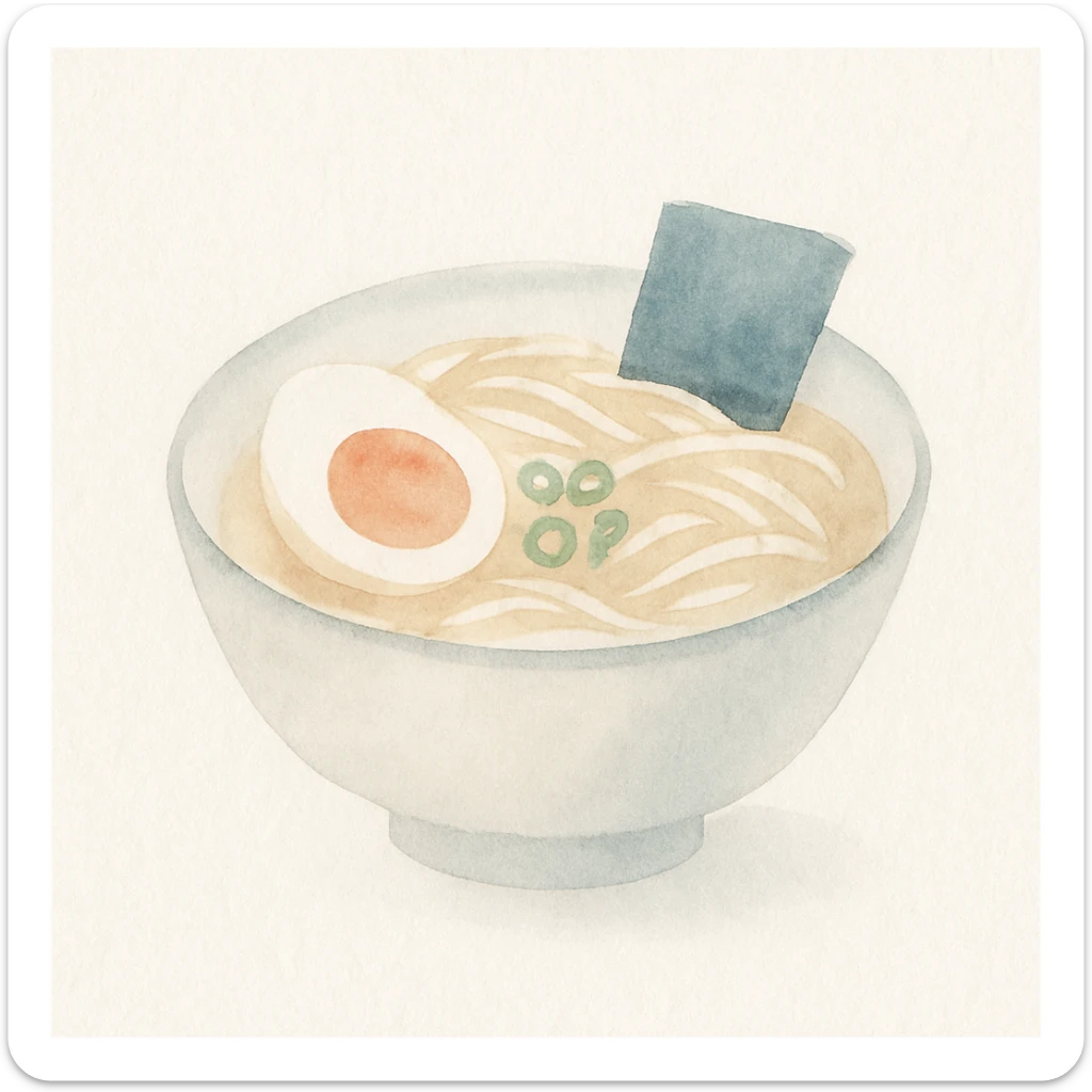 watercolor illustration of a bowl of ramen, soft colors, artistic brush strokes, white background sticker