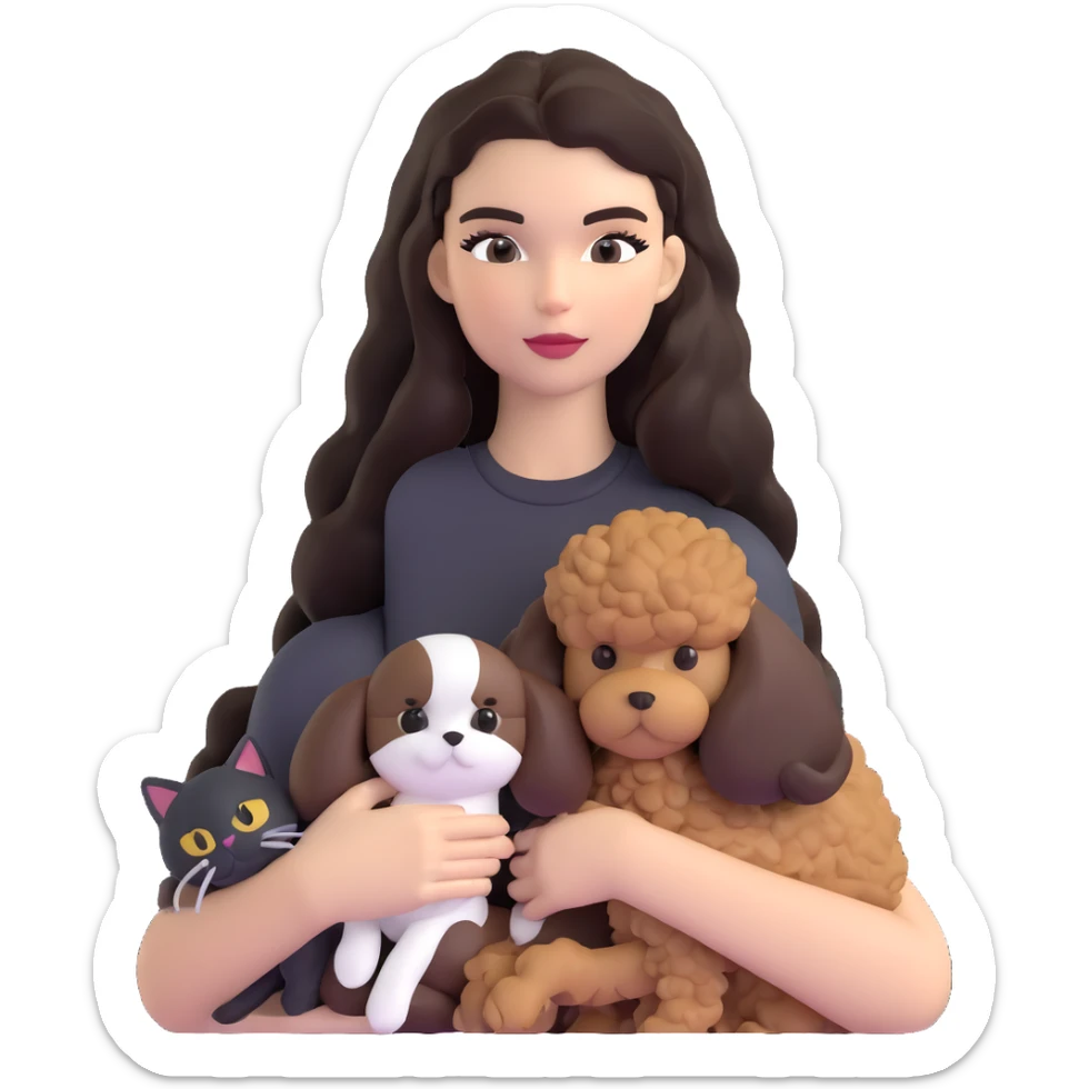 Kendall Jenner with long dark hair, holding a brown poodle and a black and white cat sticker