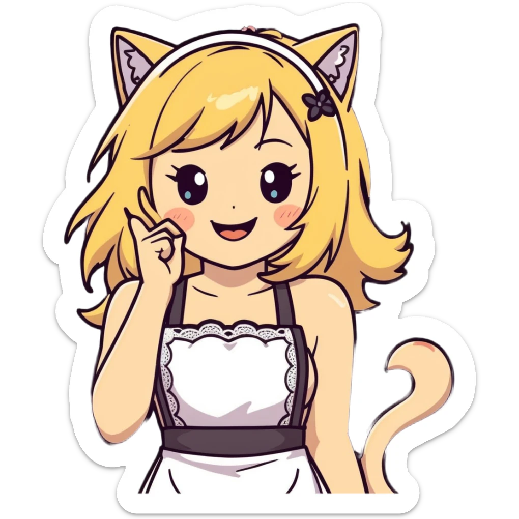  blonde catgirl woman long hair freckles giggling lace apron lace bikini anime influence sleeveless sticker