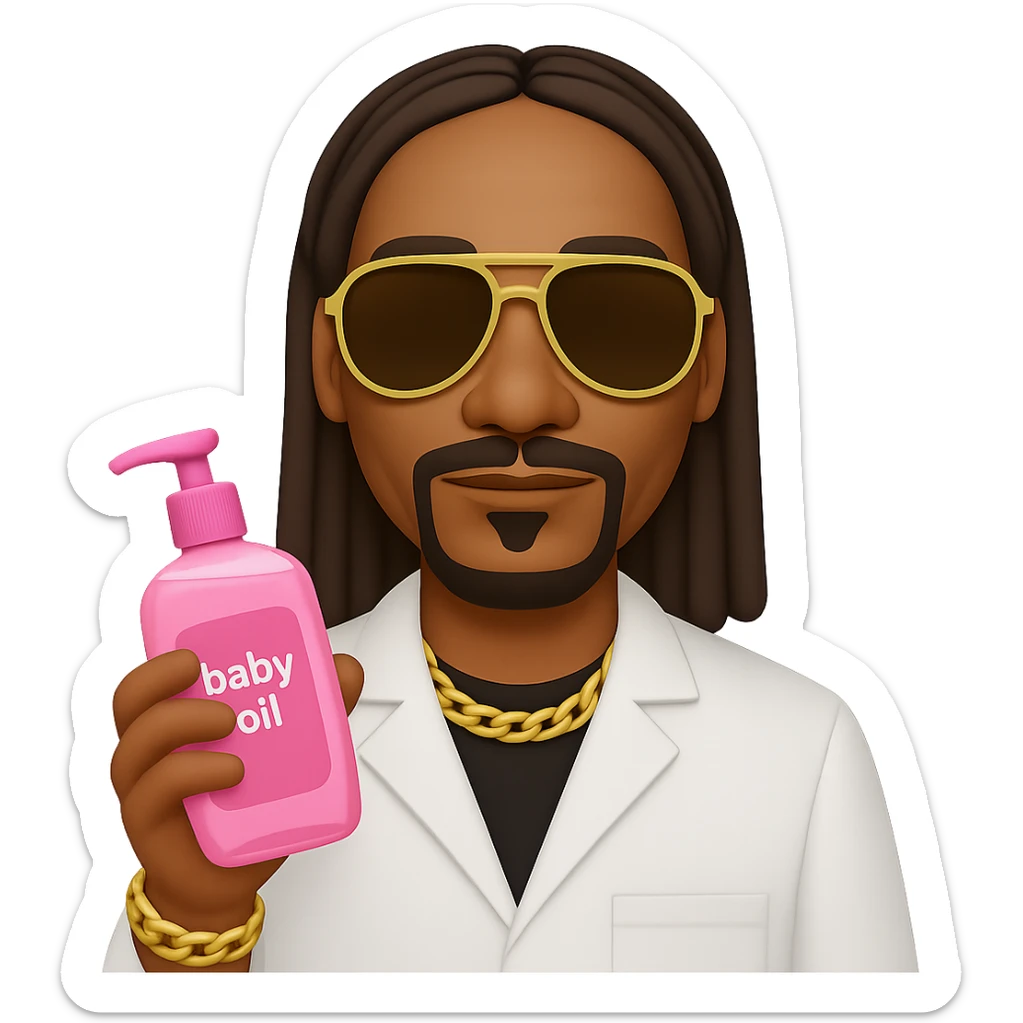 Change the baby oil bottle to pink, Snoop Dogg with sunglasses holding it, in emoji style with no background. sticker