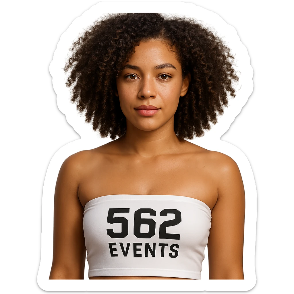 realistic Red Bone woman with light brown skin, curly hair, wearing a white tube top that says '562 Events' sticker