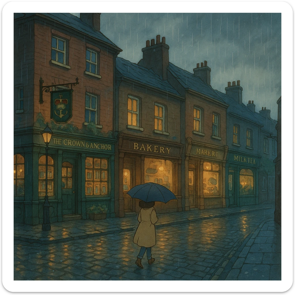 ghibli style London street scene with cozy shops and rainy weather sticker