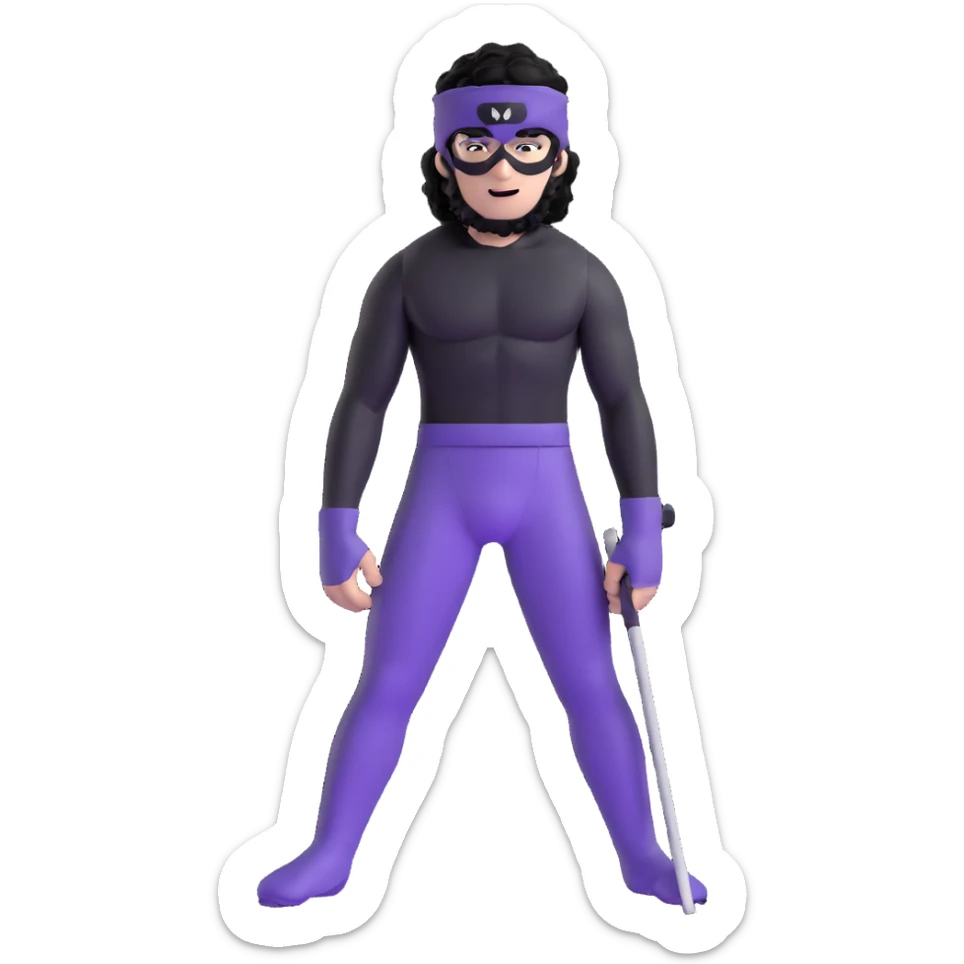 shirtless athletic man with white skin and black curly hair, wearing a purple ski mask sticker
