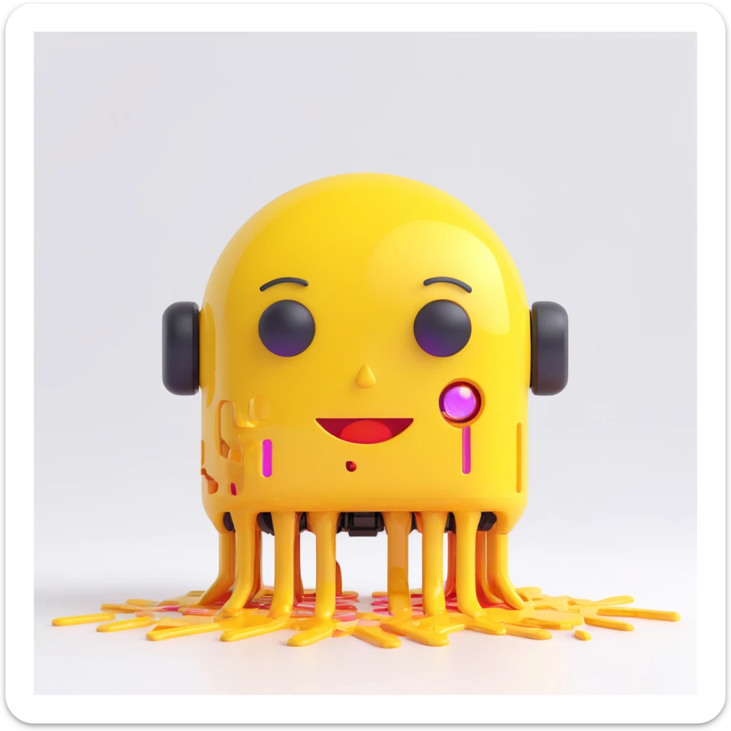 melting yellow emoji face in front of a sleek AI robot, emoji turning into colorful digital fragments, flat 3D icon, neon colors, white background sticker