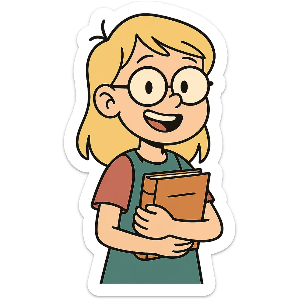 6th grade girl with blonde hair and glasses, smiling, holding a book, cartoon style sticker