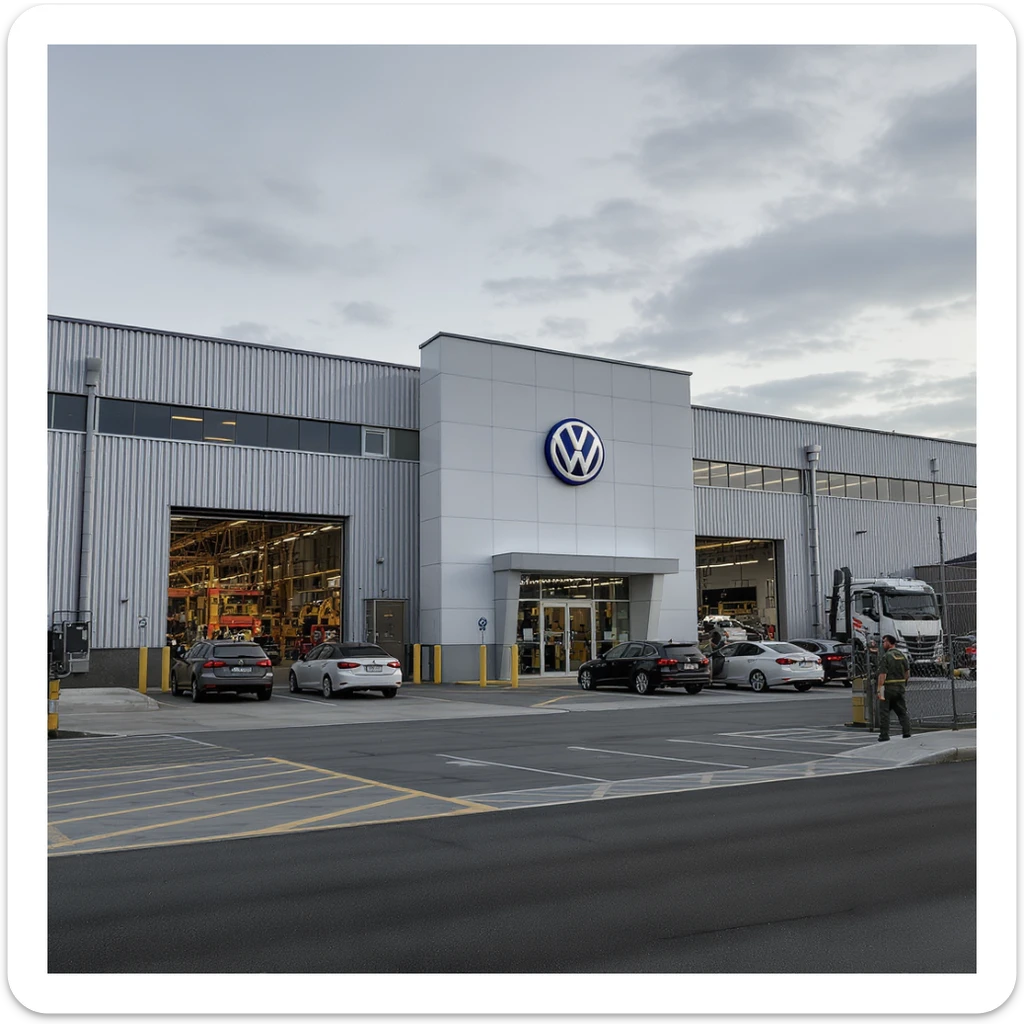 Realistic Volkswagen factory exterior, large industrial building with Volkswagen logo, parking lots filled with cars, factory grounds with machinery and equipment, realistic lighting and shadows, industrial atmosphere, workers in uniforms walking around, camouflage colors sticker