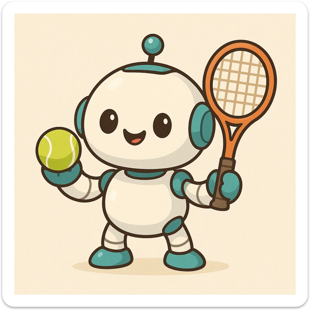 cute tennis robot, round shapes, smiling face, holding a tennis ball and racket sticker